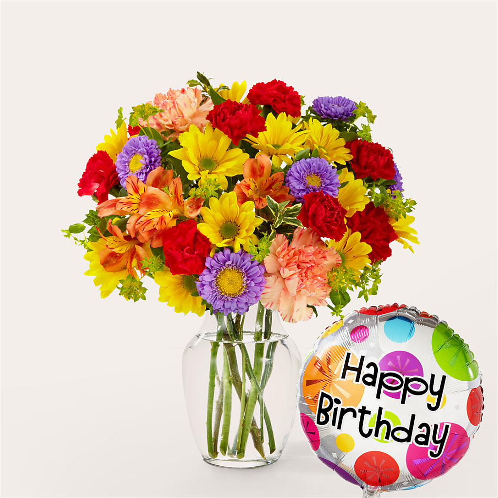 Kaleidoscope Bouquet with Birthday Balloon – BURNETT'S FLOWERS & GIFTS, Tulsa OK
